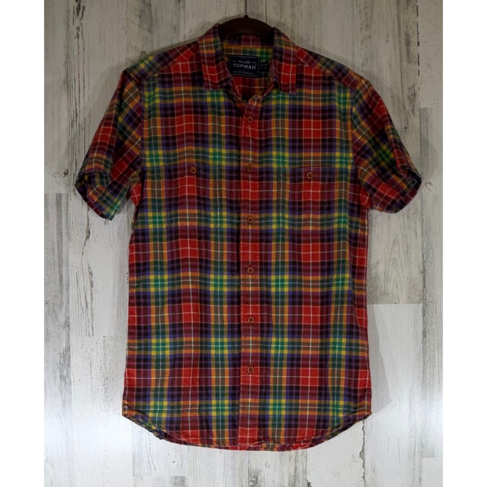 Topman Button Down Shirt Small Multicolor Plaid Short Sleeve Cotton Madras